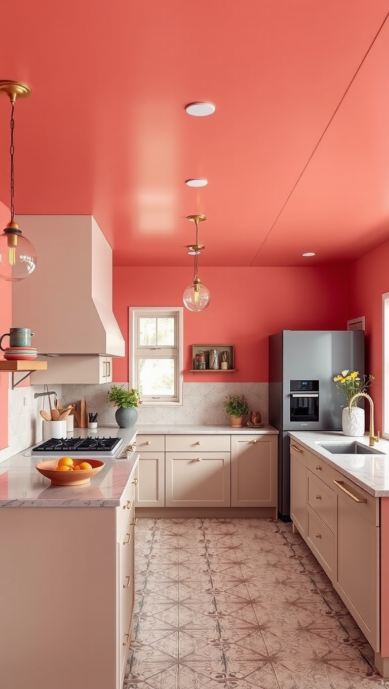 20 Bold and Beautiful Kitchen Ceilings to Inspire Your Home - 6. Playful Coral for a Fun Feel