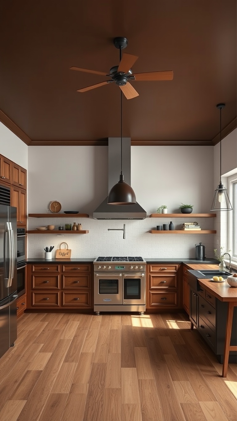20 Bold and Beautiful Kitchen Ceilings to Inspire Your Home - 14. Rustic Brown to Ground Your Design