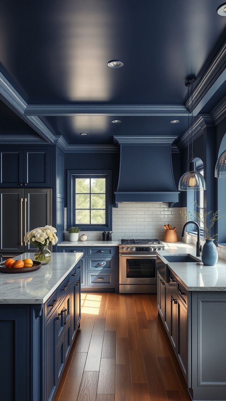 20 Bold and Beautiful Kitchen Ceilings to Inspire Your Home - 2. Deep Navy for Dramatic Elegance