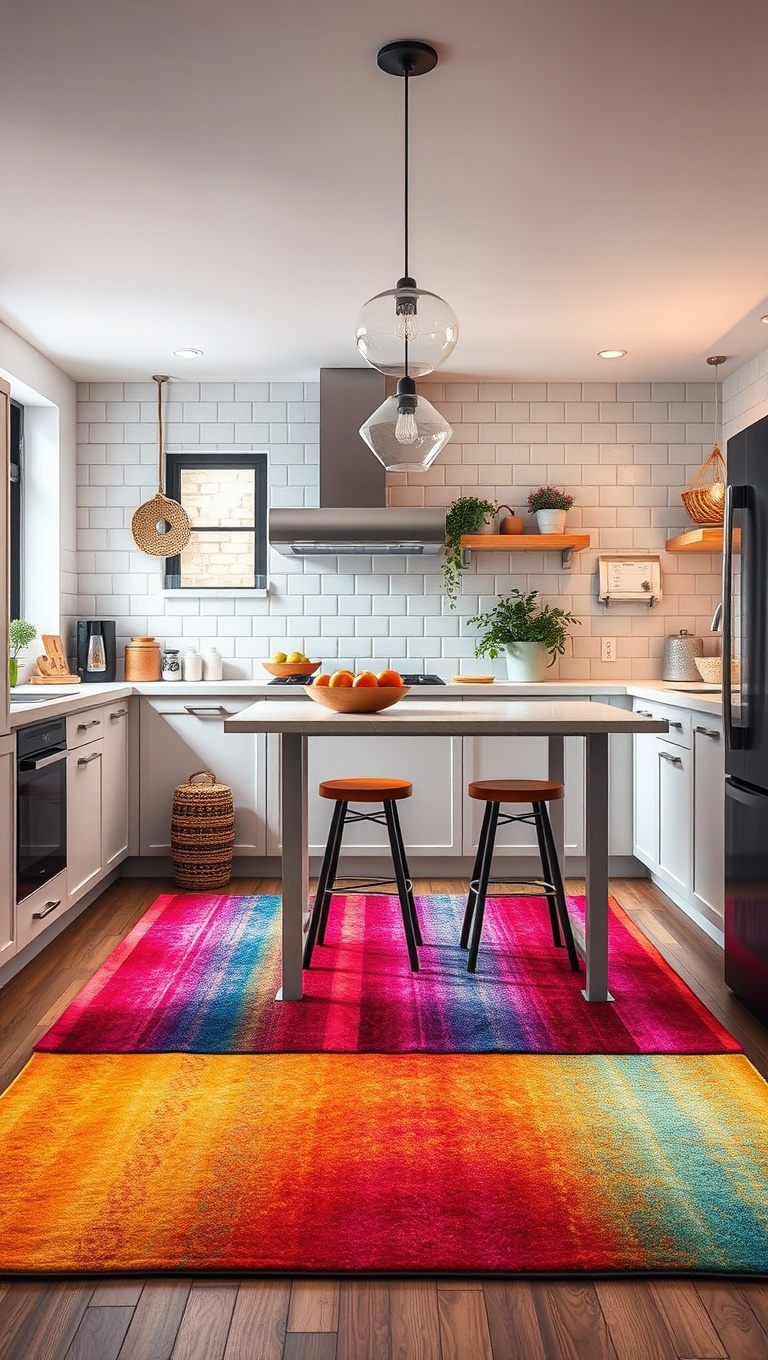 20 Vibrant Ideas for a Kitchen with a Color Gradient Design - 15. Colorful Kitchen Rugs: Cozy and Colorful