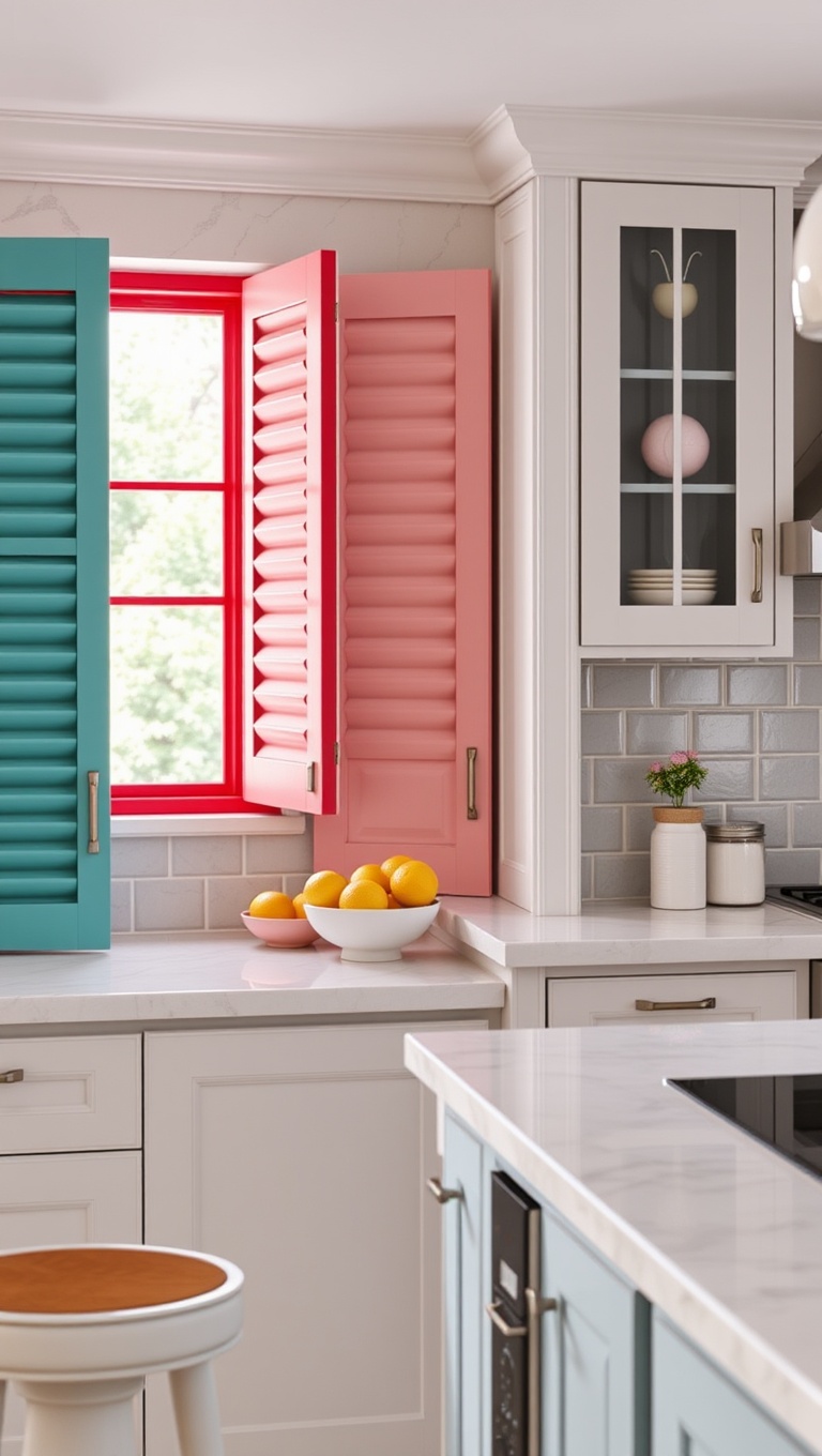20 Stunning Ideas for Custom Backsplashes That Will Transform Your Kitchen! - 11. Bright Colored Shutters: A Pop of Fun
