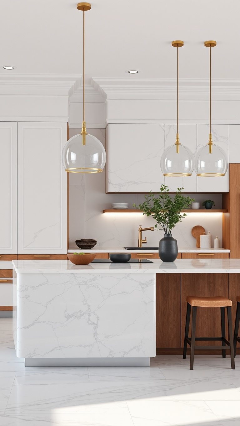 20 Fabulous Ideas for Stunning Kitchens with Double Islands - 4. Timeless Elegance: Classic Marble and Wood Combos