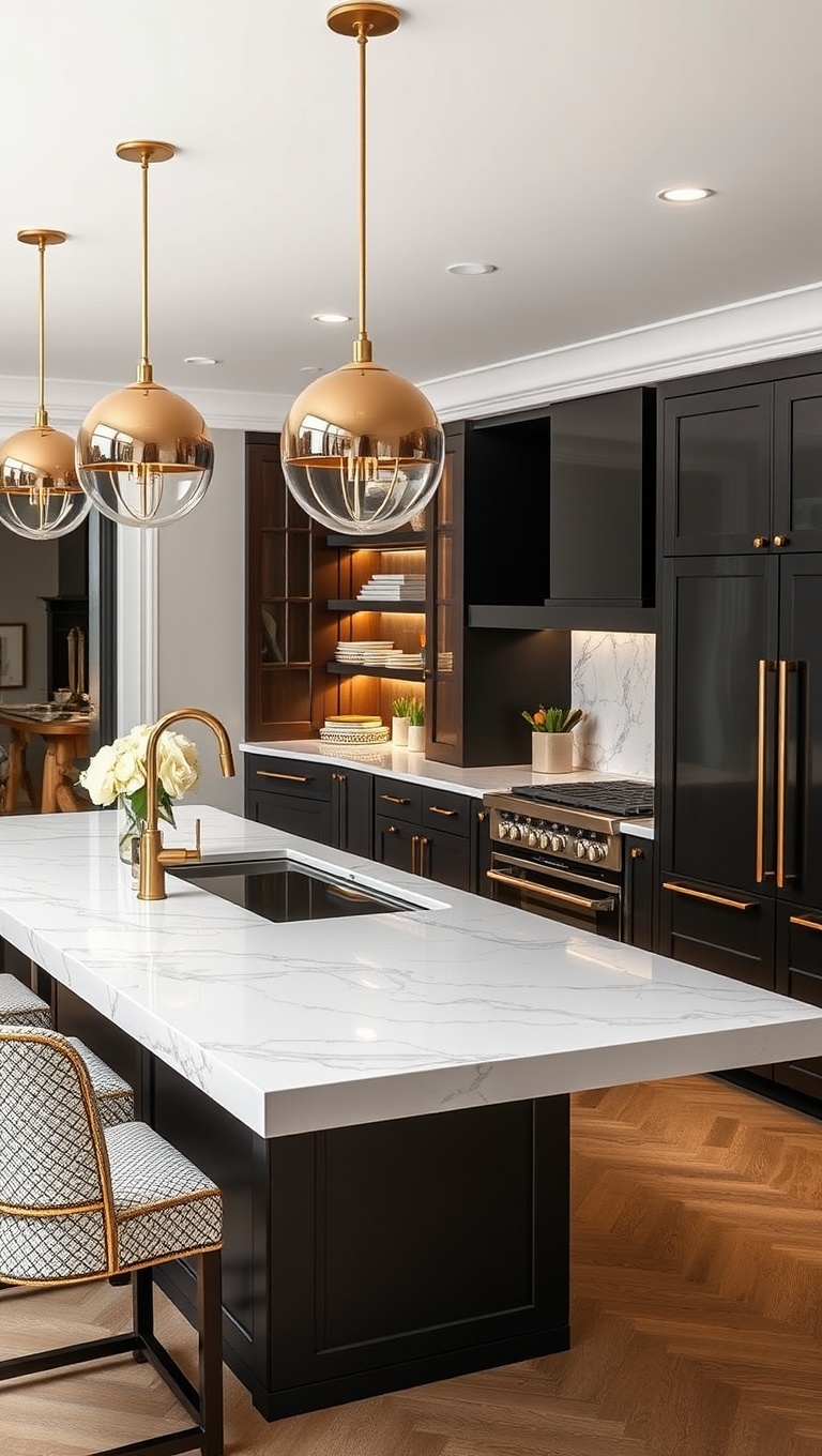 20 Fabulous Ideas for Stunning Kitchens with Double Islands - 9. Luxury Details: Gold Fixtures and High-End Finishes