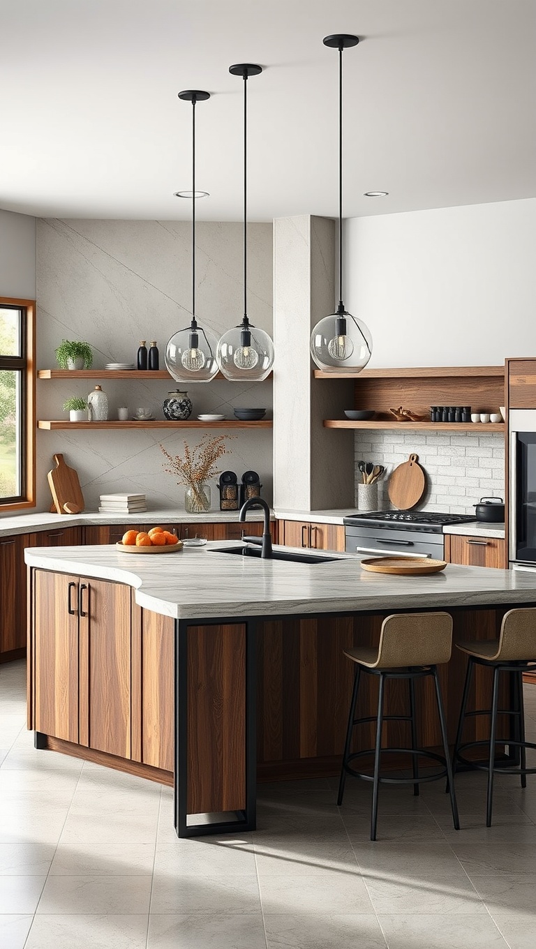 20 Fabulous Ideas for Stunning Kitchens with Double Islands - 13. Mixed Materials: Wood, Stone, and Metal Combinations