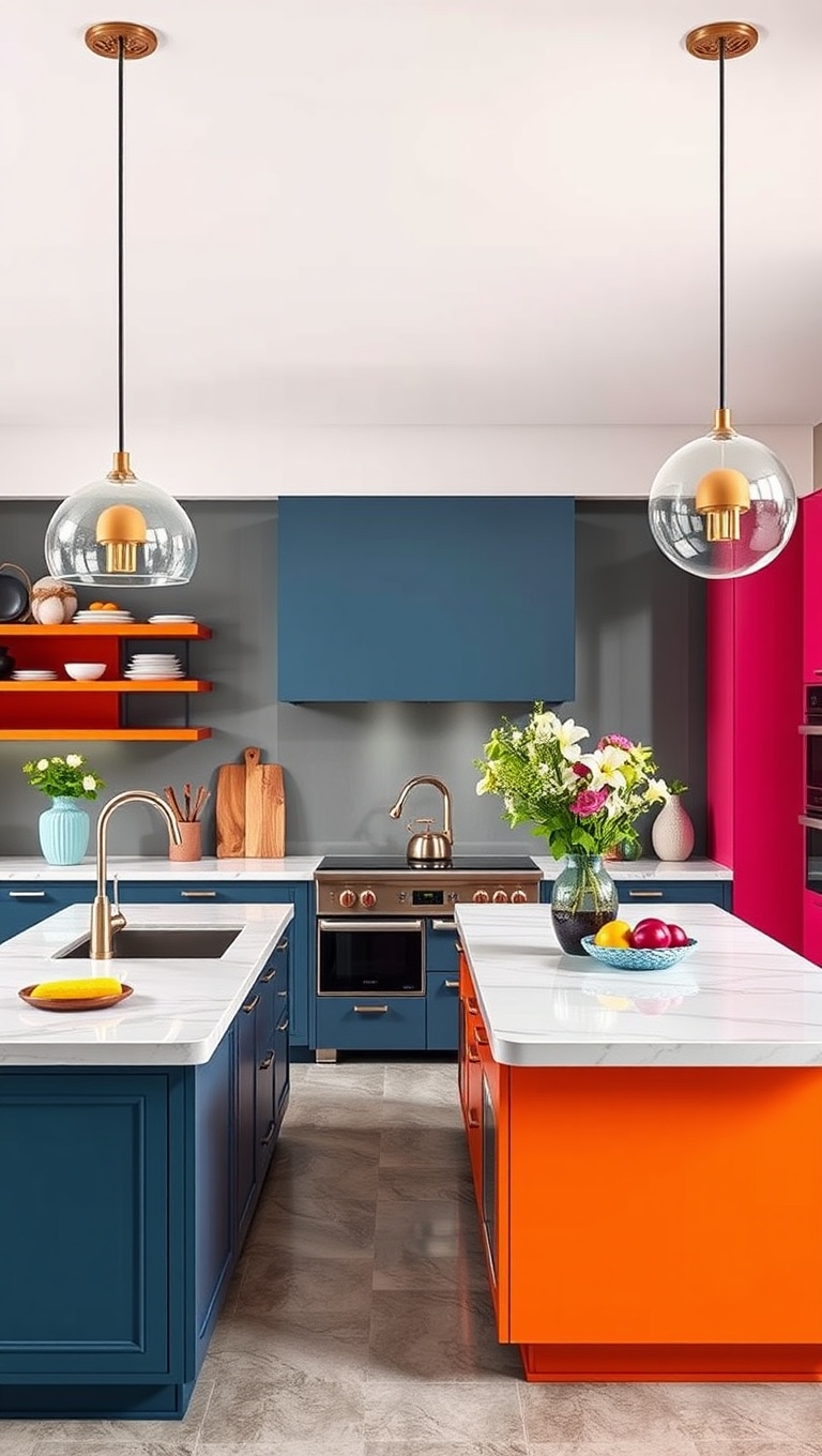 20 Fabulous Ideas for Stunning Kitchens with Double Islands - 3. Color Pop: Bright and Bold Island Designs