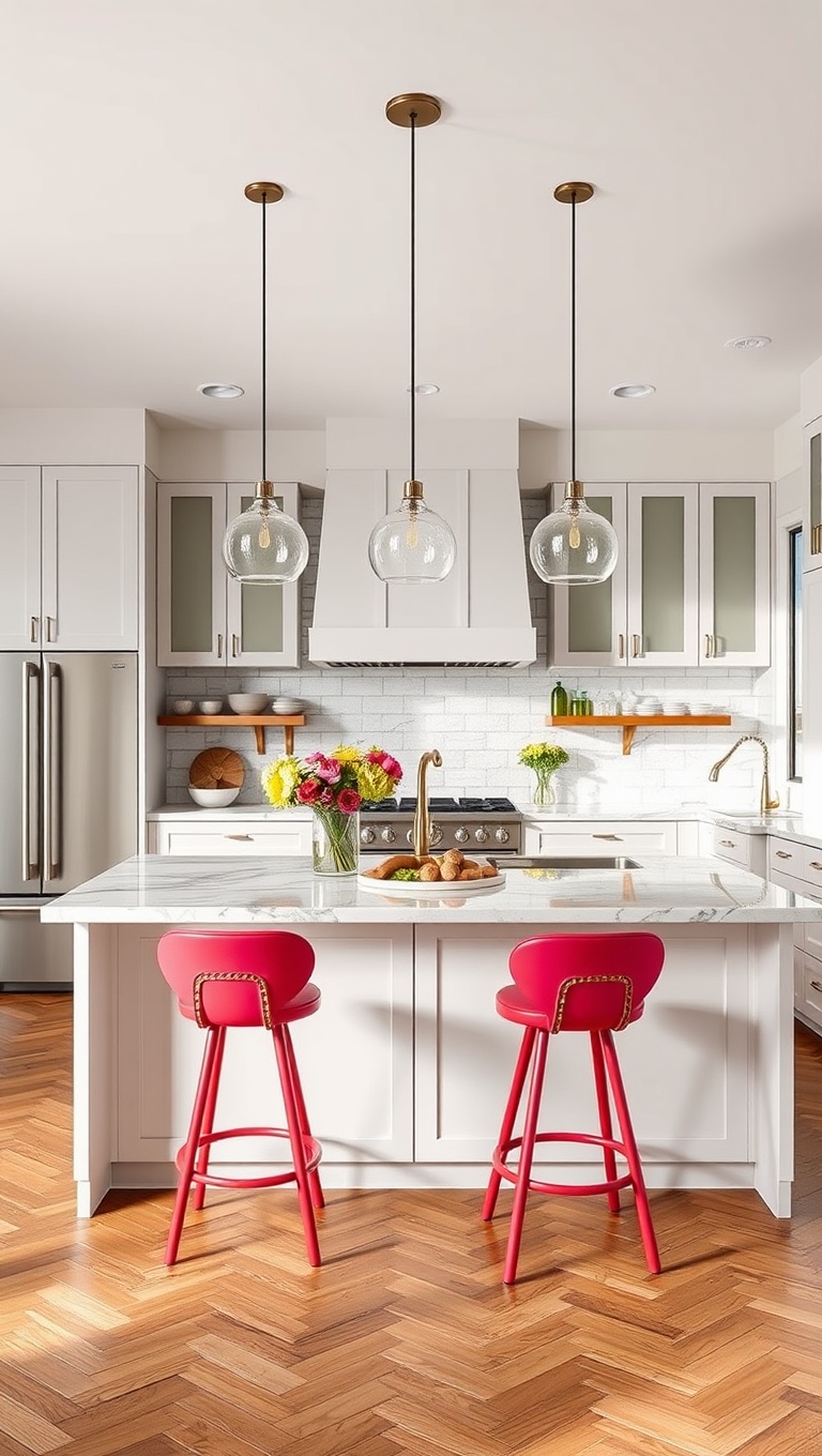 20 Fabulous Ideas for Stunning Kitchens with Double Islands - 16. Colorful Seating: Fun Barstools That Stand Out