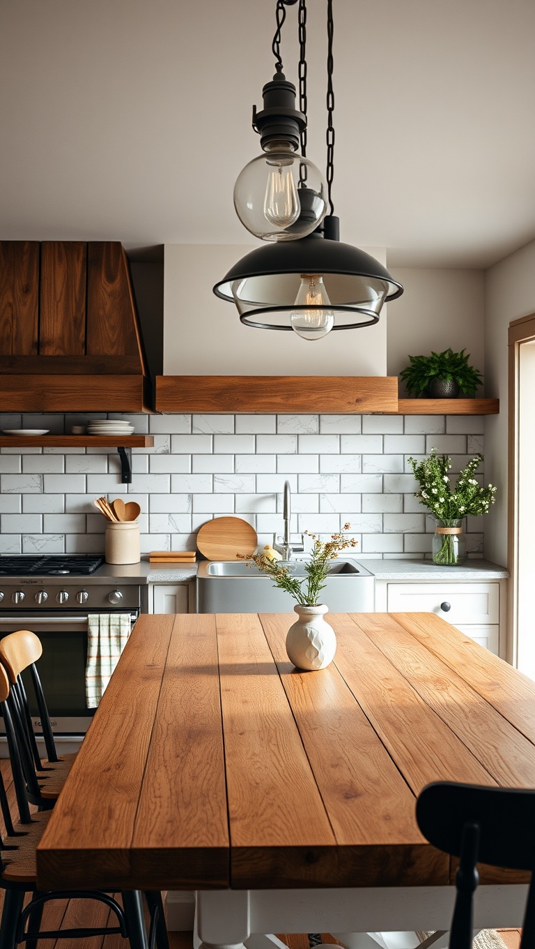 20 Cozy Kitchen Ideas Featuring a Farmhouse Table - 11. Cozy Lighting: Using Rustic Fixtures to Create Ambiance