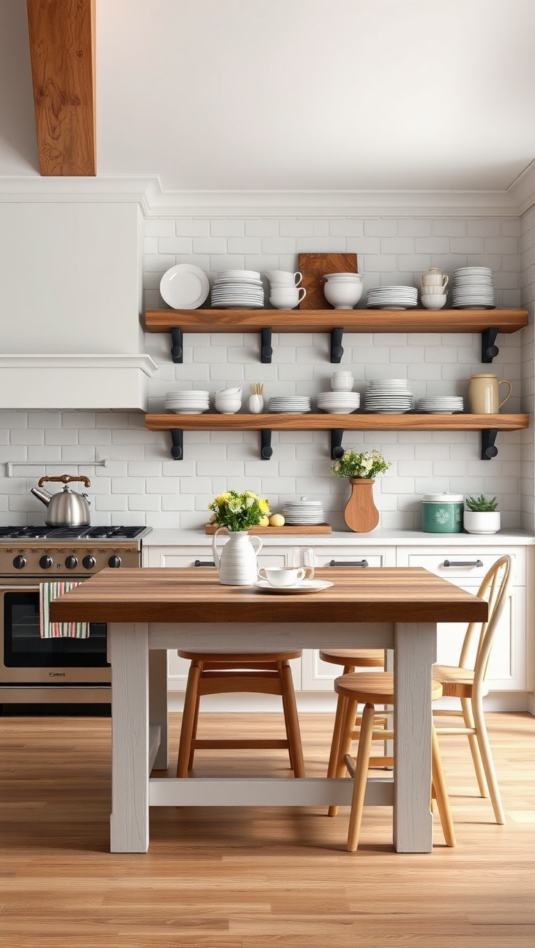 20 Cozy Kitchen Ideas Featuring a Farmhouse Table - 8. Open Shelving: Displaying Farmhouse Tableware Beautifully