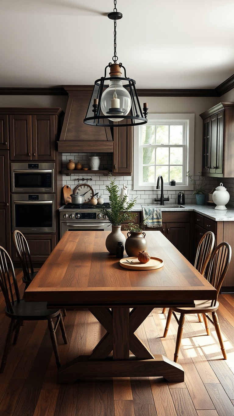20 Cozy Kitchen Ideas Featuring a Farmhouse Table - 2. Rustic Elegance: Pairing Dark Wood with Vintage Decor