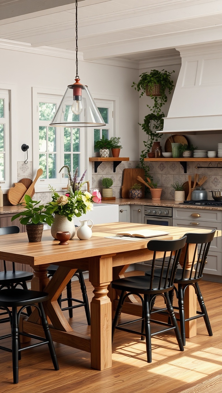 20 Cozy Kitchen Ideas Featuring a Farmhouse Table - 7. Outdoor Vibes: Bringing Nature Inside with Greenery and Flowers