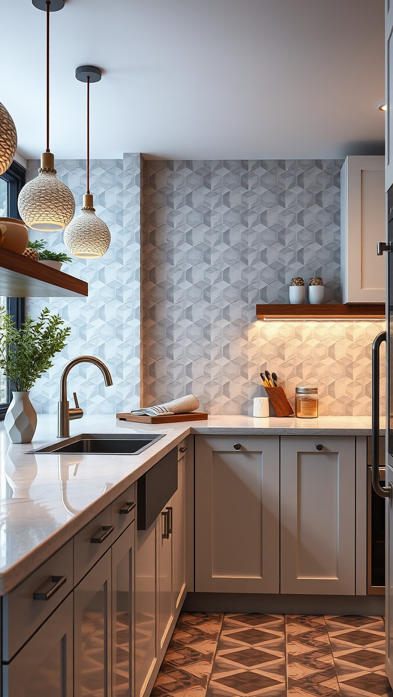 20 Geometric Tile Inspiration Ideas to Transform Your Kitchen - 20. Geometric Lighting: Illuminate with Style