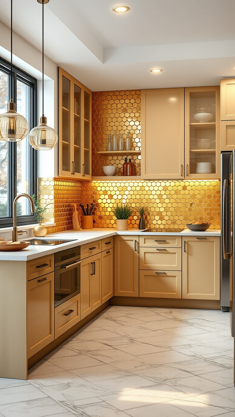 20 Stunning Kitchen Ideas with a Glamorous Gold Color Scheme - 18. Gold Mosaic Tiles: Create a Unique Look
