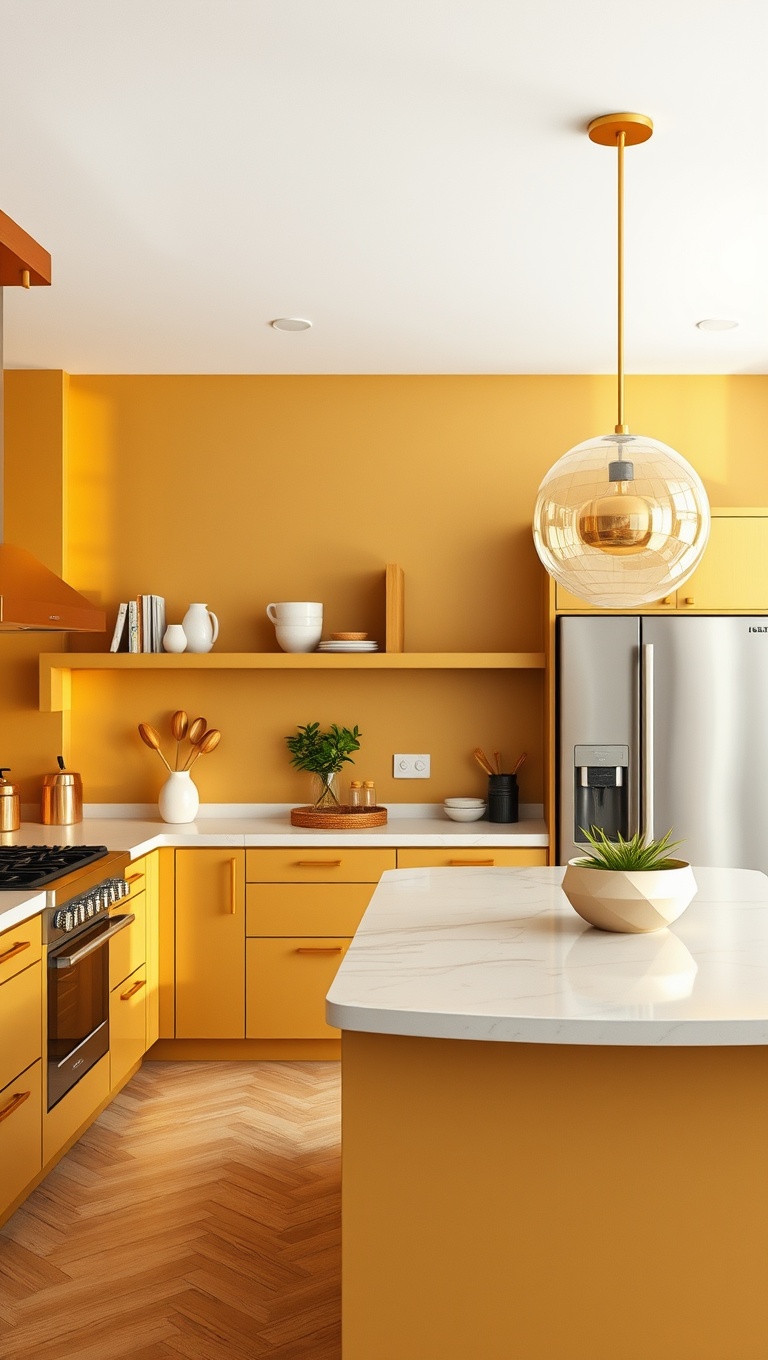 20 Stunning Kitchen Ideas with a Glamorous Gold Color Scheme - 10. Bold Gold Walls: Make a Statement