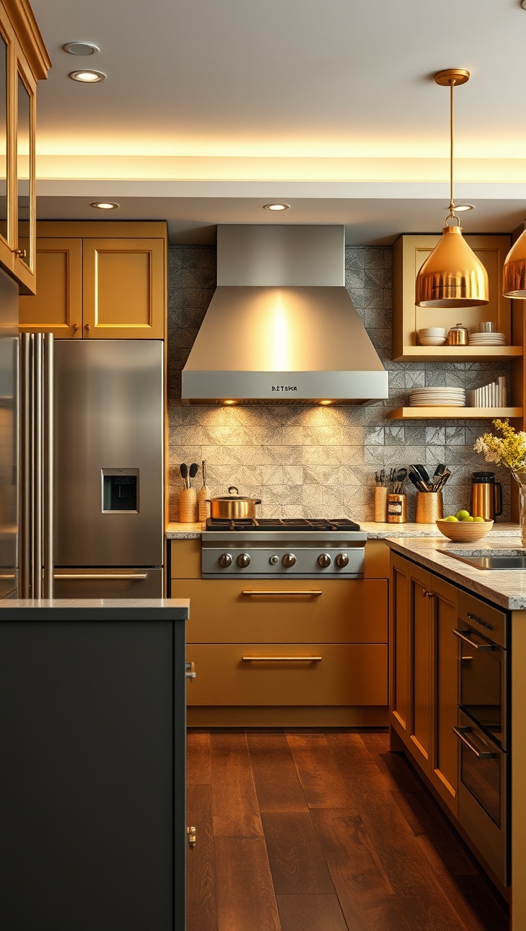 20 Stunning Kitchen Ideas with a Glamorous Gold Color Scheme - 13. Mix of Metals: Gold with Silver and Copper