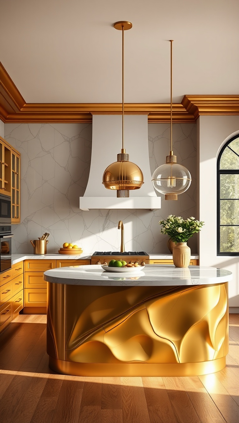 20 Stunning Kitchen Ideas with a Glamorous Gold Color Scheme - 6. Golden Kitchen Islands: The Heart of Glam