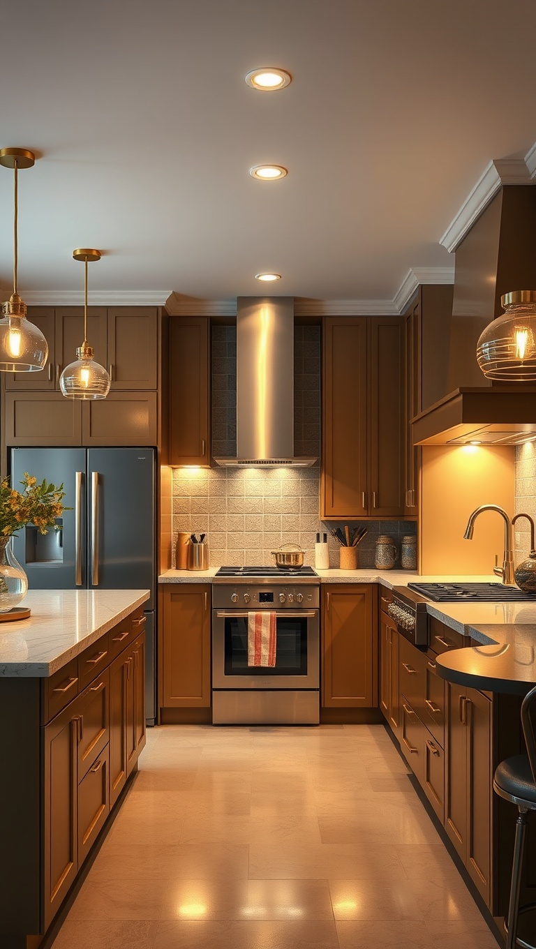 20 Stunning Kitchen Ideas with a Glamorous Gold Color Scheme - 4. Bright Gold Lighting Fixtures: Illuminate in Style