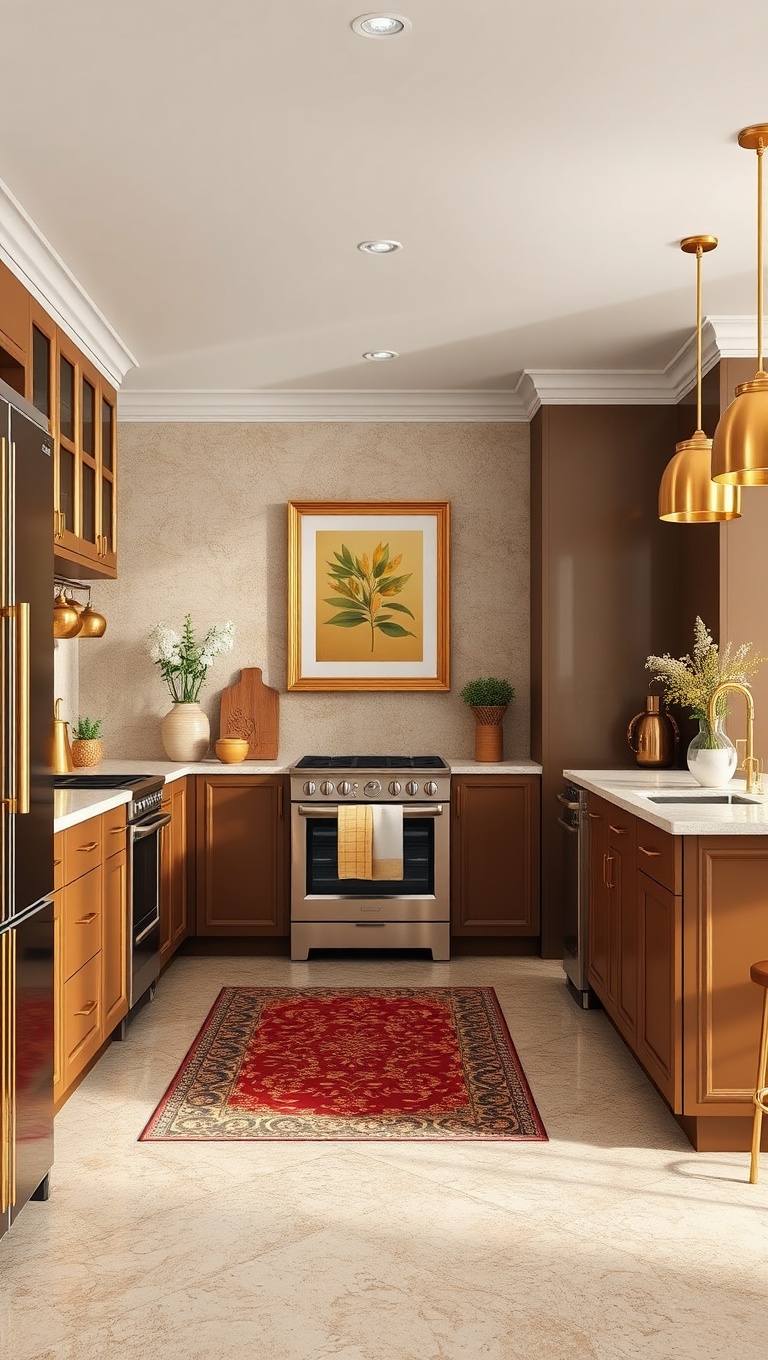 20 Stunning Kitchen Ideas with a Glamorous Gold Color Scheme - 17. Gold-framed Art and Decor: Personalize Your Space