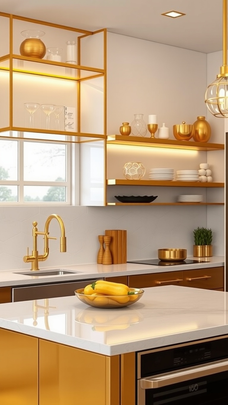 20 Stunning Kitchen Ideas with a Glamorous Gold Color Scheme - 15. Gold Open Shelving: Showcase Your Style