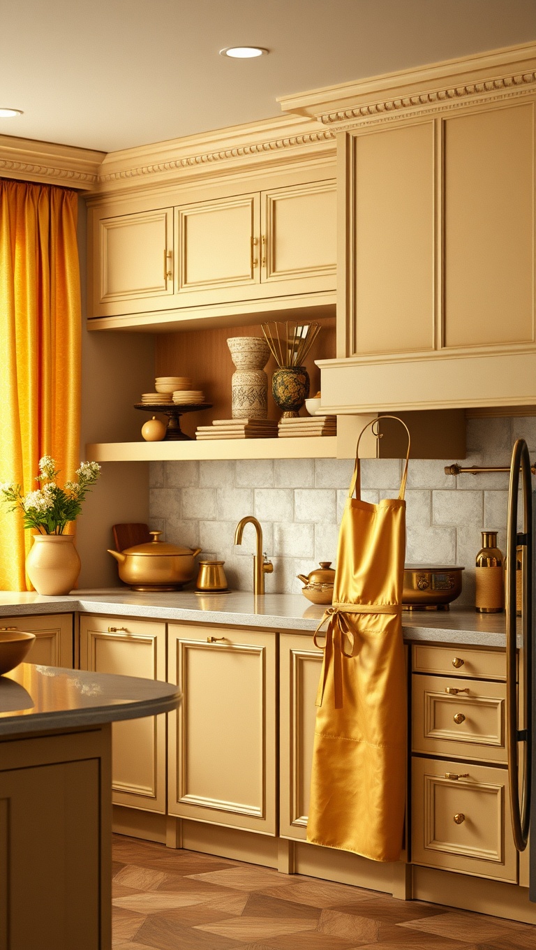 20 Stunning Kitchen Ideas with a Glamorous Gold Color Scheme - 14. Glamorous Gold Textiles: Curtains and Aprons