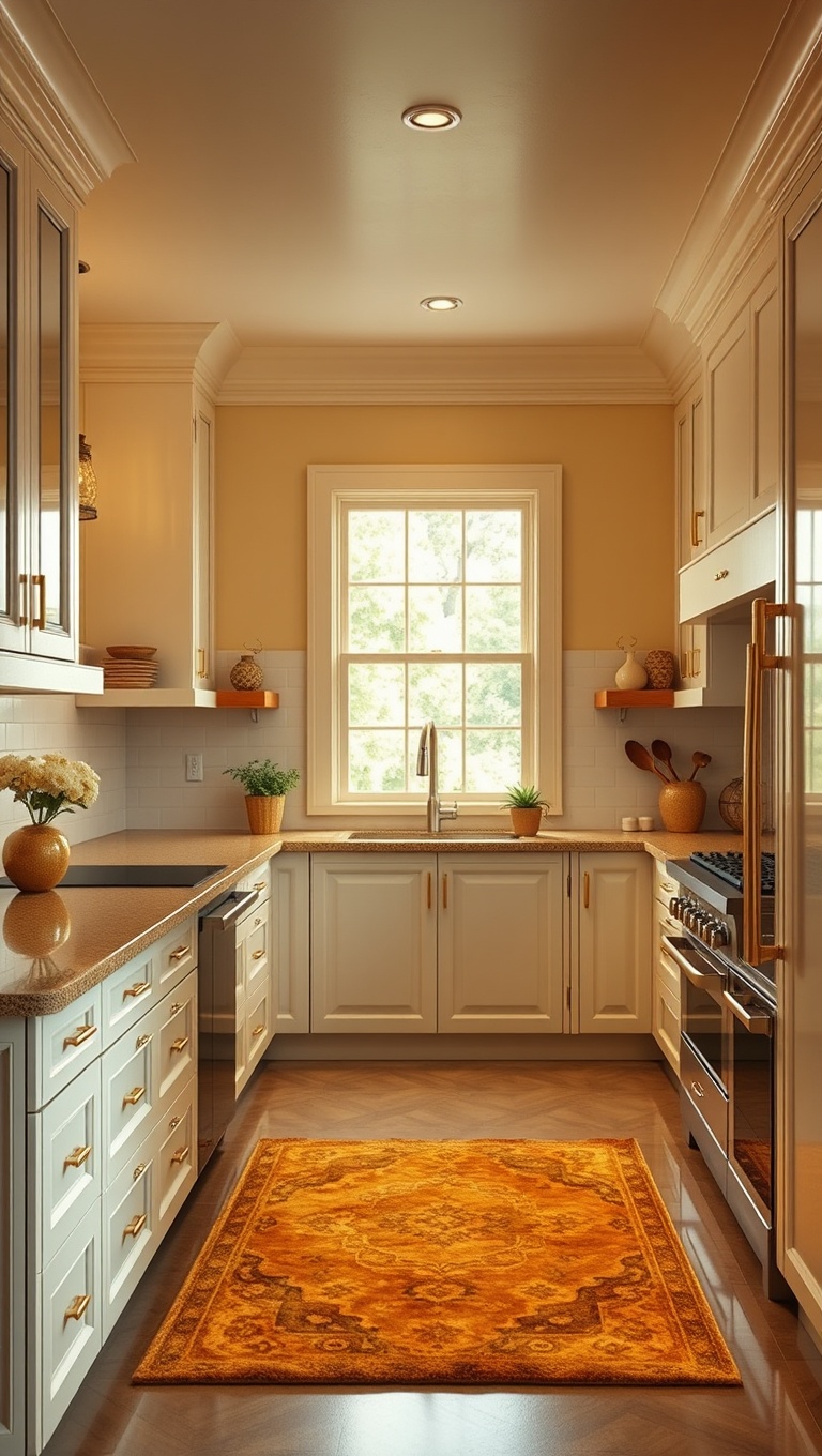 20 Stunning Kitchen Ideas with a Glamorous Gold Color Scheme - 19. Gold Rugs: Add Warmth and Style