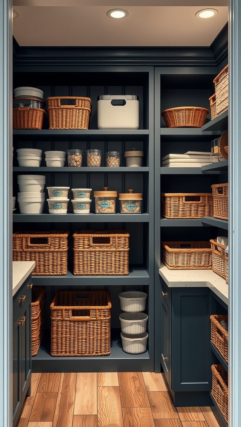 20 Delightful Ideas for Kitchens with a Spacious Pantry - 17. Smooth Sailing: Organizing with Bins and Baskets