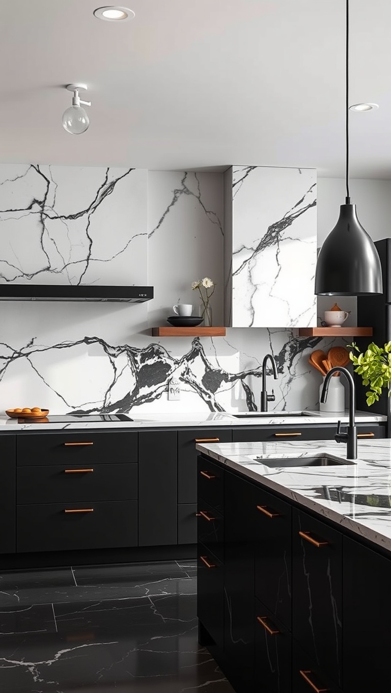 20 Stunning Kitchen Ideas Featuring a Marble Backsplash - Bold Black Marble Statement