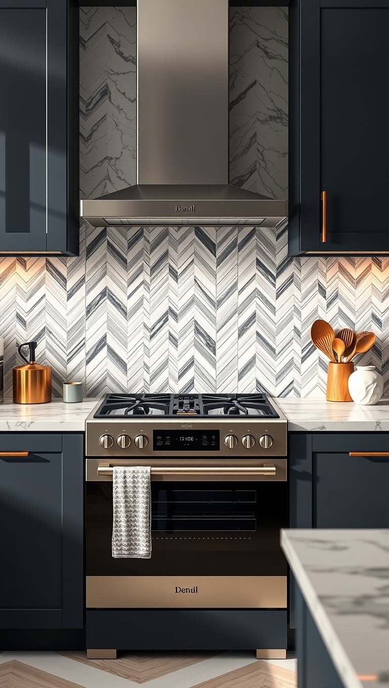 20 Stunning Kitchen Ideas Featuring a Marble Backsplash - 5. Chevron Pattern for a Modern Twist