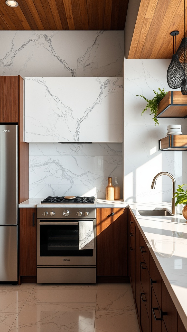 20 Stunning Kitchen Ideas Featuring a Marble Backsplash - 15. Marble Splashbacks that Reflect Light