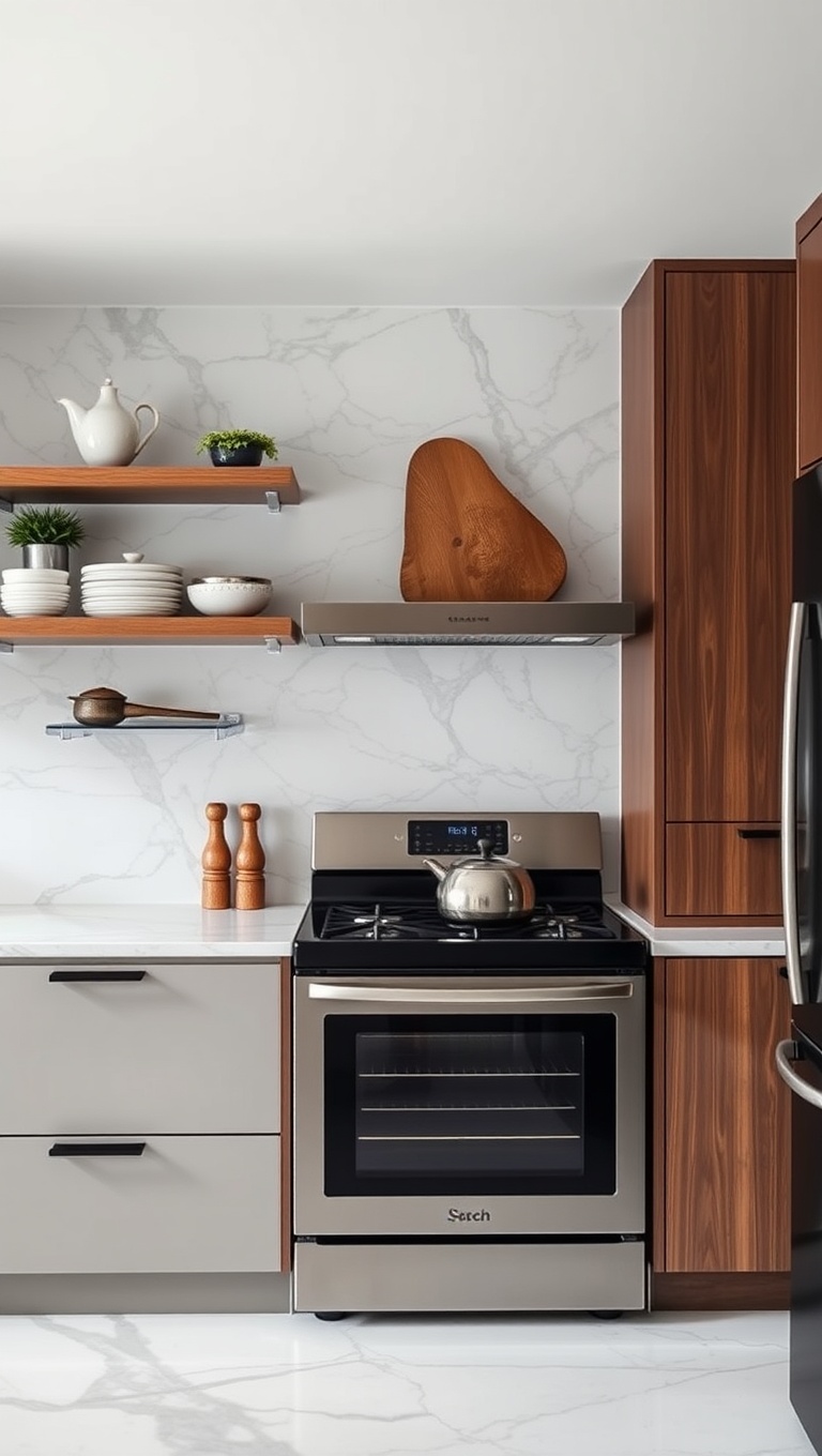 20 Stunning Kitchen Ideas Featuring a Marble Backsplash - 16. Marble Backsplash with Open Shelving