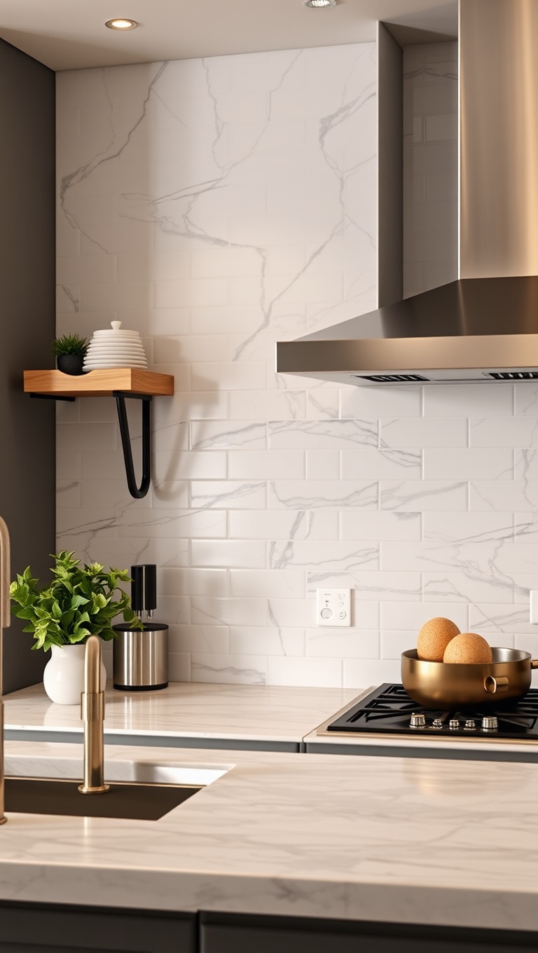 20 Stunning Kitchen Ideas Featuring a Marble Backsplash - 6. Marble Subway Tiles for Chic Appeal