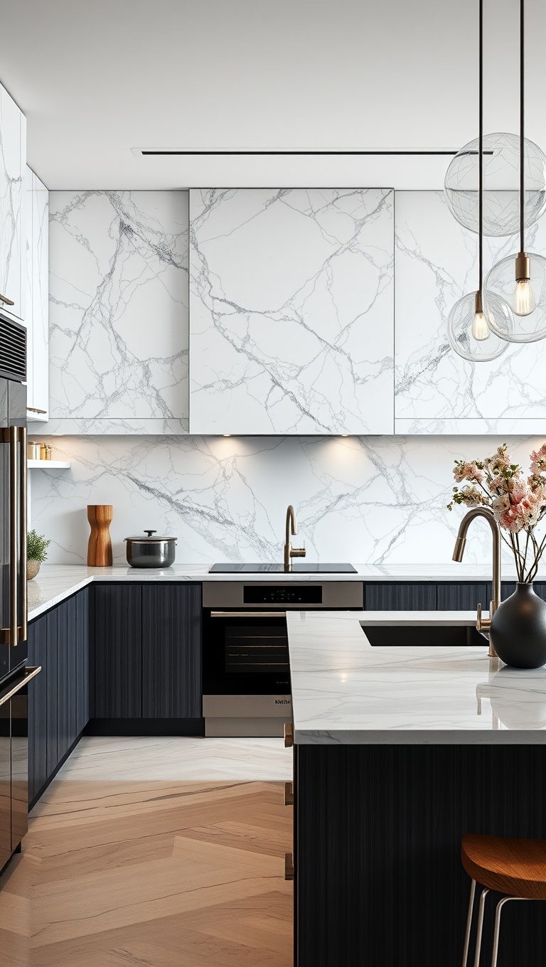 20 Stunning Kitchen Ideas Featuring a Marble Backsplash - 9. Large Format Marble Slabs