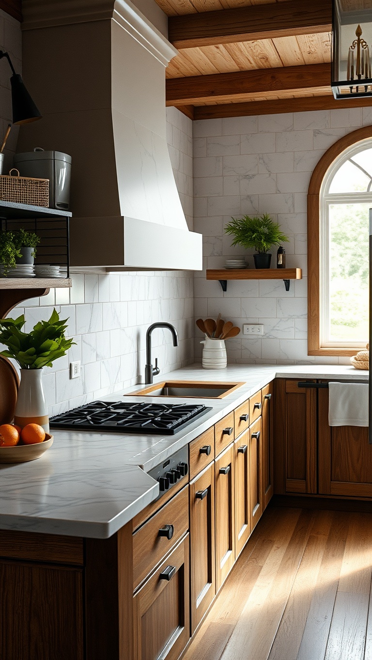 20 Stunning Kitchen Ideas Featuring a Marble Backsplash - 17. Rustic Farmhouse Style with Marble