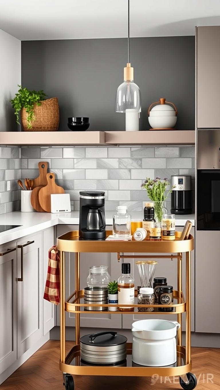 20 Stylish Ideas for Kitchens Featuring a Modern Bar Cart - Use a Bar Cart as a Coffee Station