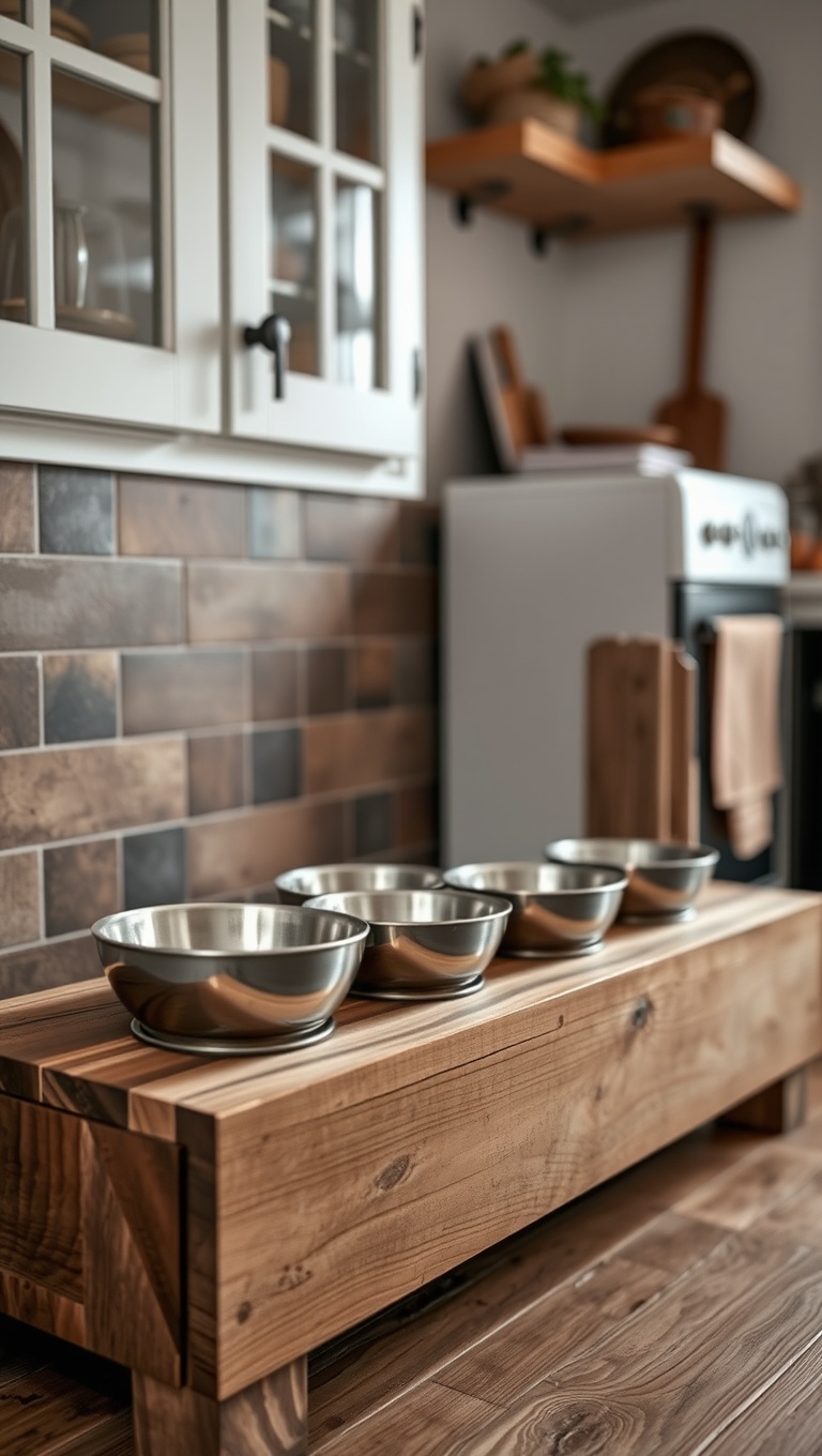 20 Fun and Fabulous Kitchen Ideas Featuring a Pet Feeding Station - 7. Farmhouse Style: Rustic Bowls on a Reclaimed Wood Stand