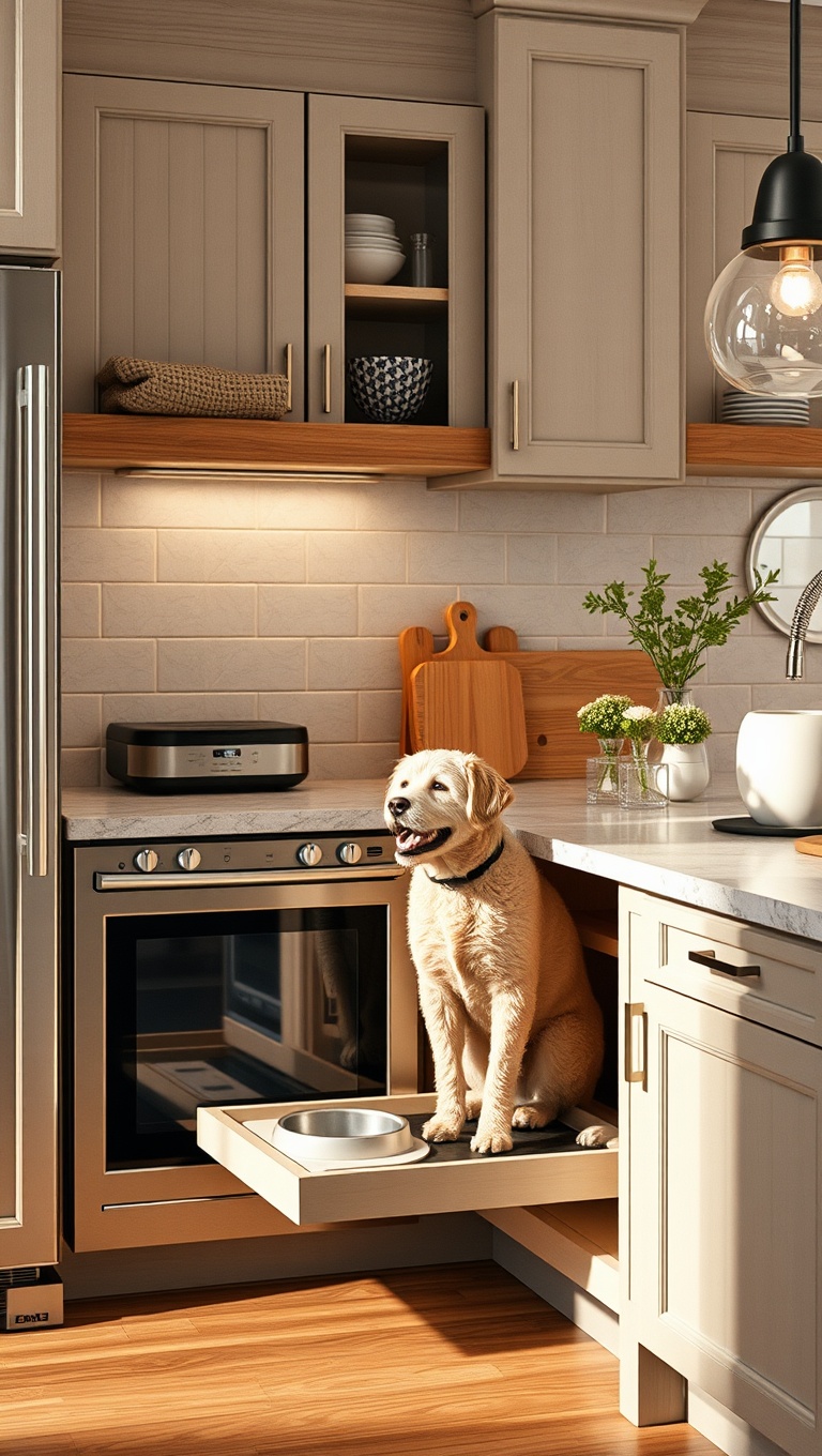 20 Fun and Fabulous Kitchen Ideas Featuring a Pet Feeding Station - 2. Under-Counter Feeding Station: Keep it Hidden and Neat