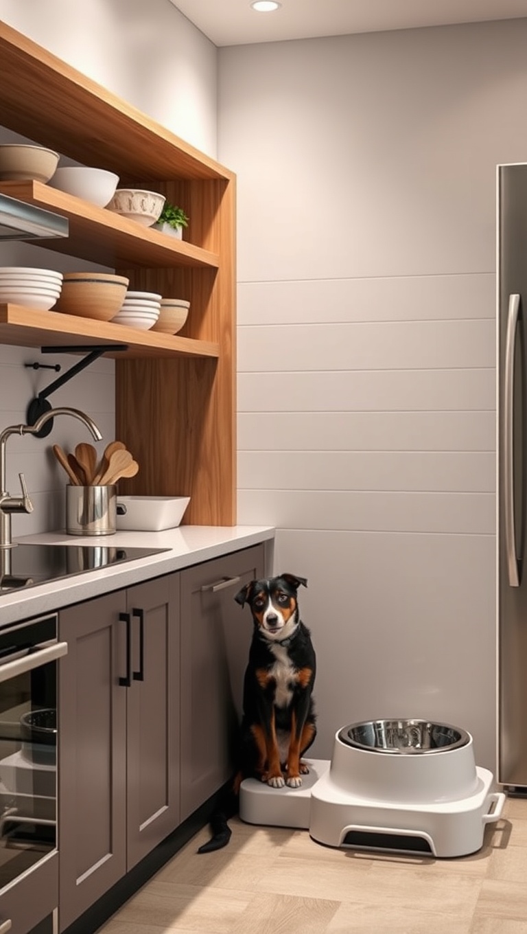 20 Fun and Fabulous Kitchen Ideas Featuring a Pet Feeding Station - 11. Open Shelving: Show Off Those Stylish Bowls!