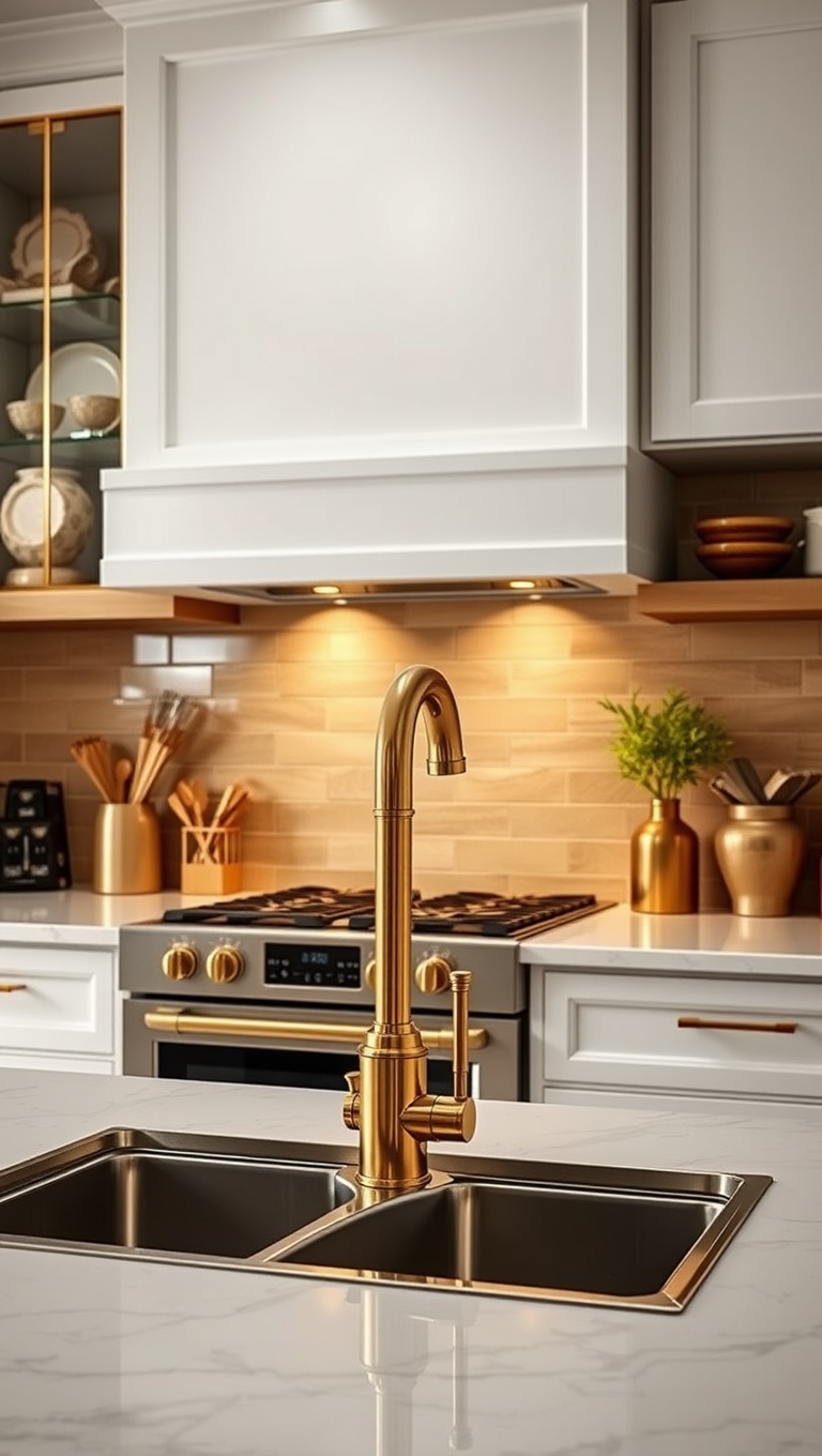 20 Creative Kitchen Inspirations with Pot Fillers That Will Make You Say WOW! - 9. Elegant Gold Accents: Glam Up Your Kitchen