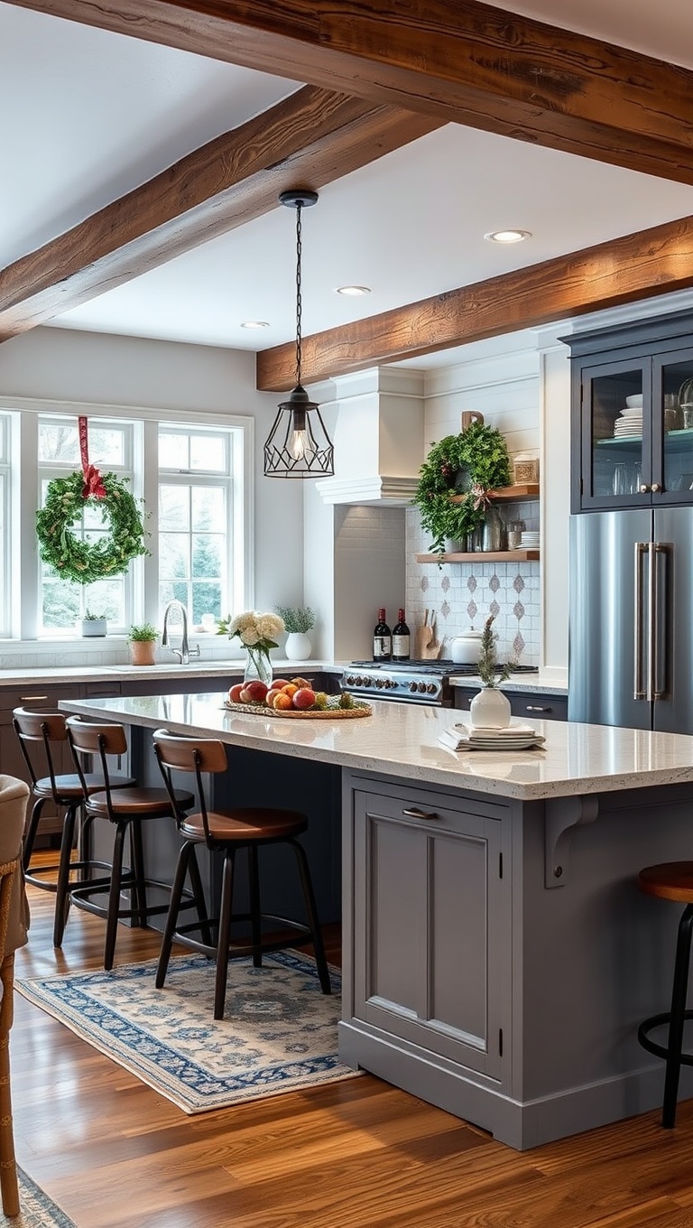 20 Charming Kitchen Ideas Featuring Rustic Wood Beams - 19. Seasonal Decor: How Beams Can Host Your Holiday Spirit