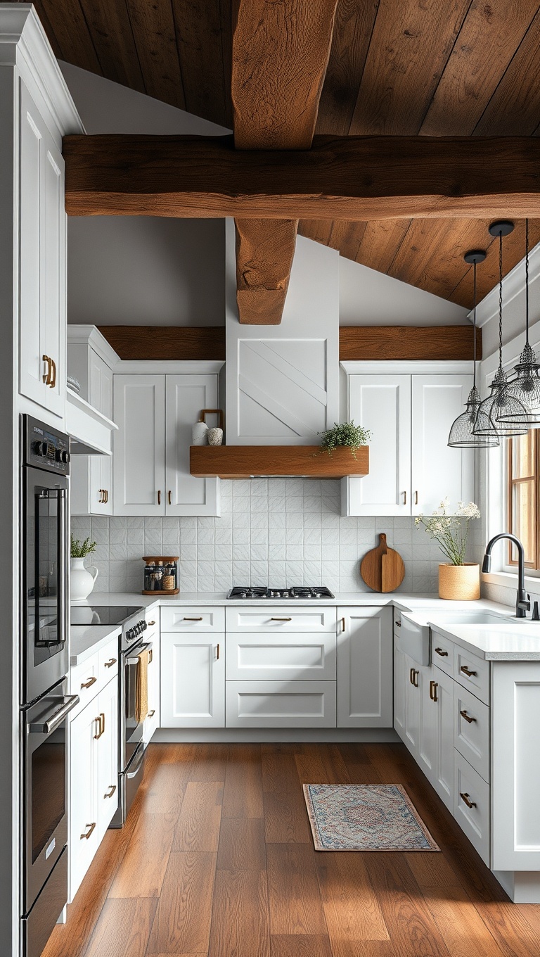 20 Charming Kitchen Ideas Featuring Rustic Wood Beams - 3. Farmhouse Flair: White Cabinets and Dark Beams