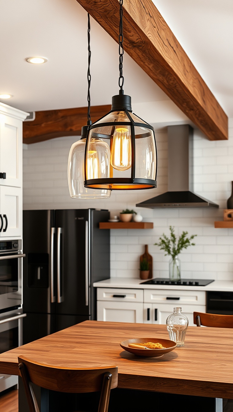 20 Charming Kitchen Ideas Featuring Rustic Wood Beams - 13. Unique Lighting: Hanging Fixtures with Rustic Touches