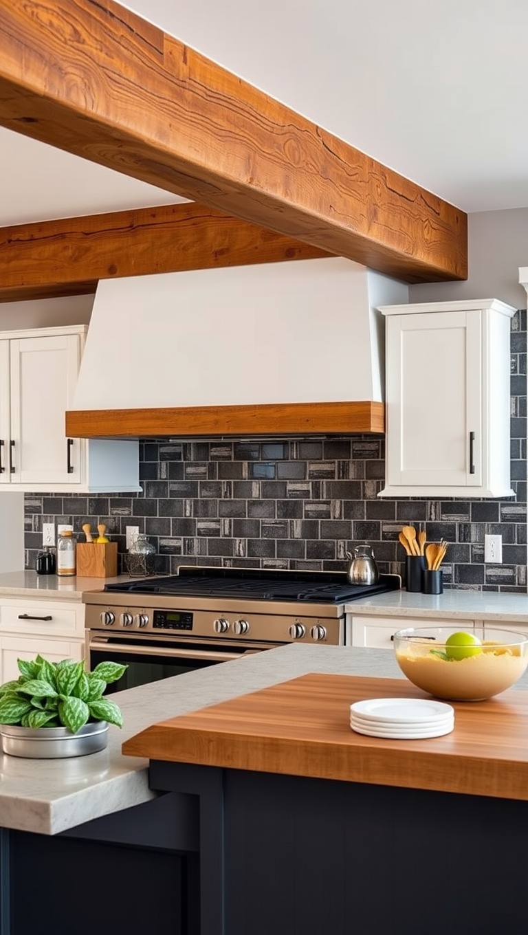 20 Charming Kitchen Ideas Featuring Rustic Wood Beams - 18. Bold Backsplashes: Contrasting Beams with Fun Tiles