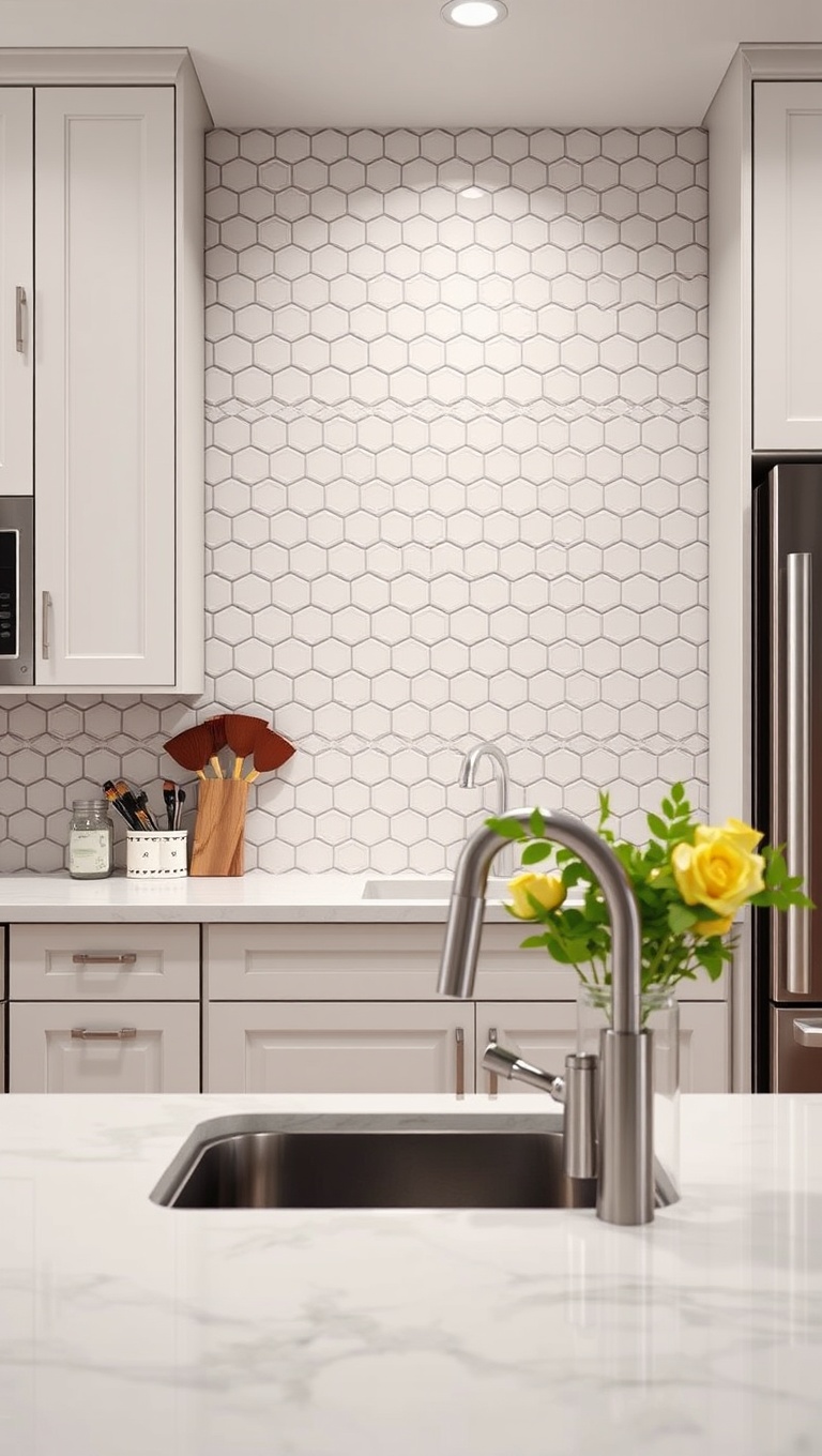 20 Stunning Ideas for Kitchens with a Tile Accent Wall - 17. Timeless Touch: Hexagon Shapes