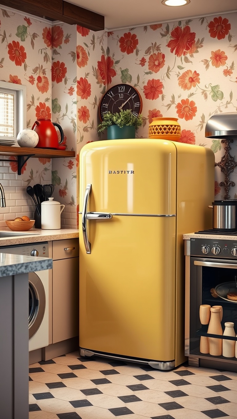 20 Charming Kitchen Ideas Featuring a Vintage Refrigerator - 2. Retro Patterns: Jazz Up Your Space with Fun Wallpaper