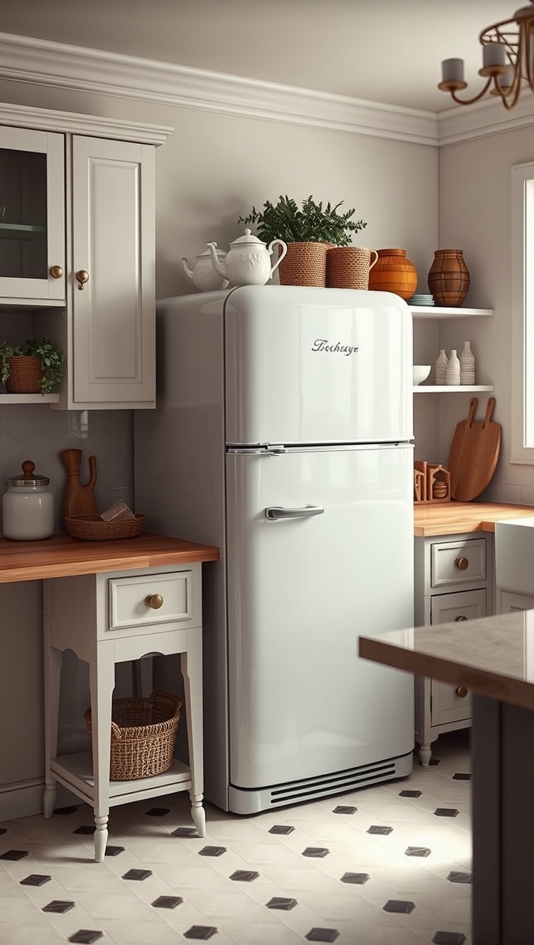 20 Charming Kitchen Ideas Featuring a Vintage Refrigerator - 3. Farmhouse Charm: Pairing Vintage Fridges with Shabby Chic Decor
