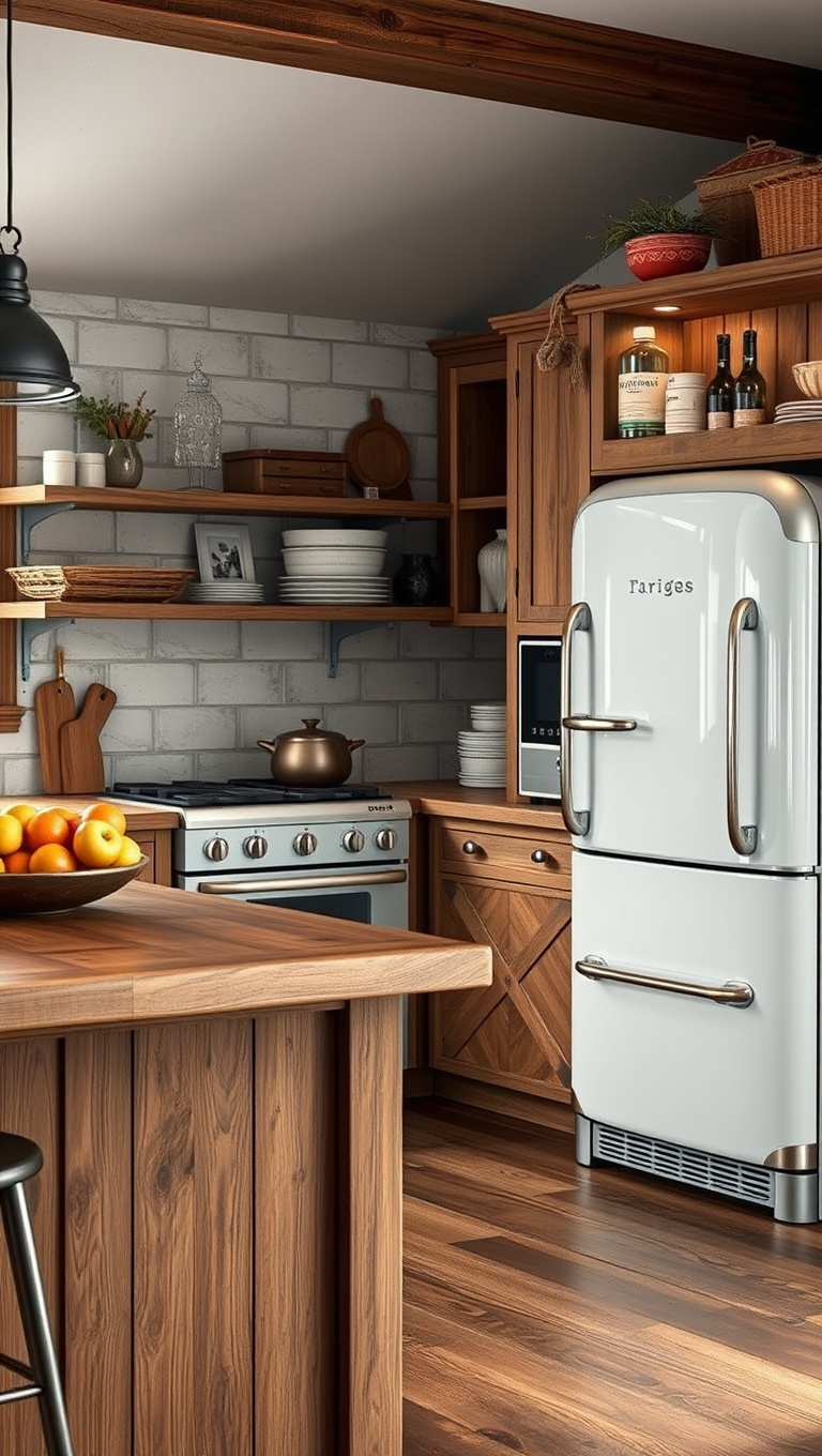 20 Charming Kitchen Ideas Featuring a Vintage Refrigerator - 11. Rustic Wood: Blend Your Fridge with a Wooden Island
