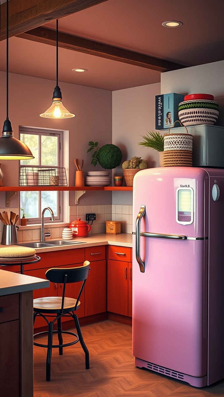 20 Charming Kitchen Ideas Featuring a Vintage Refrigerator - 12. Lighting Love: Hang Retro Pendant Lights for Extra Charm