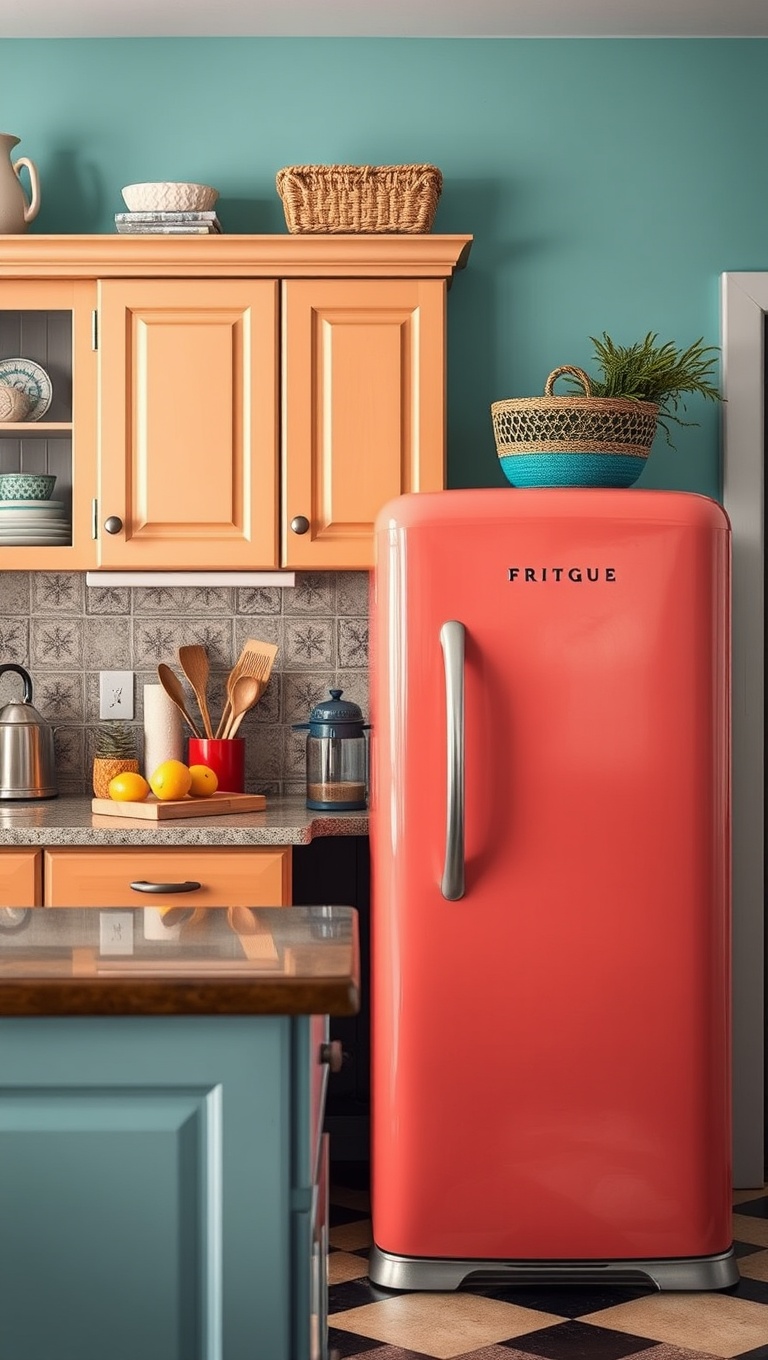 20 Charming Kitchen Ideas Featuring a Vintage Refrigerator - 15. Lively Colors: Coordinate with Your Kitchen Cabinets