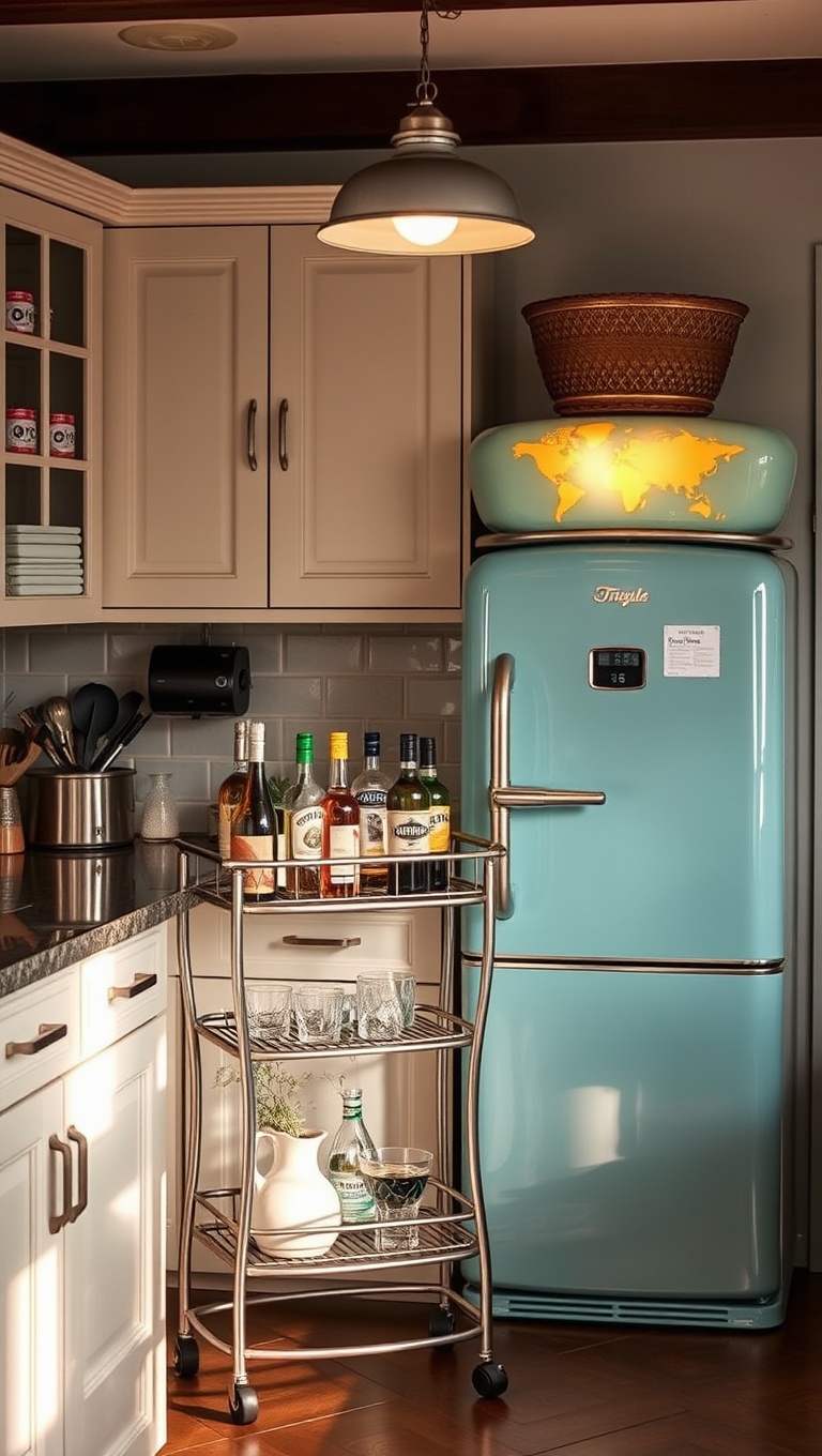 20 Charming Kitchen Ideas Featuring a Vintage Refrigerator - 18. Vintage Bar Cart: Style It Next to Your Fridge for Extra Flair