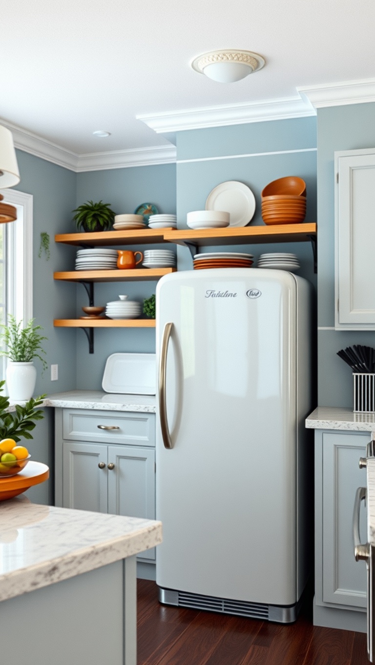 20 Charming Kitchen Ideas Featuring a Vintage Refrigerator - 7. Open Shelving: Show Off Your Favorite Dishes
