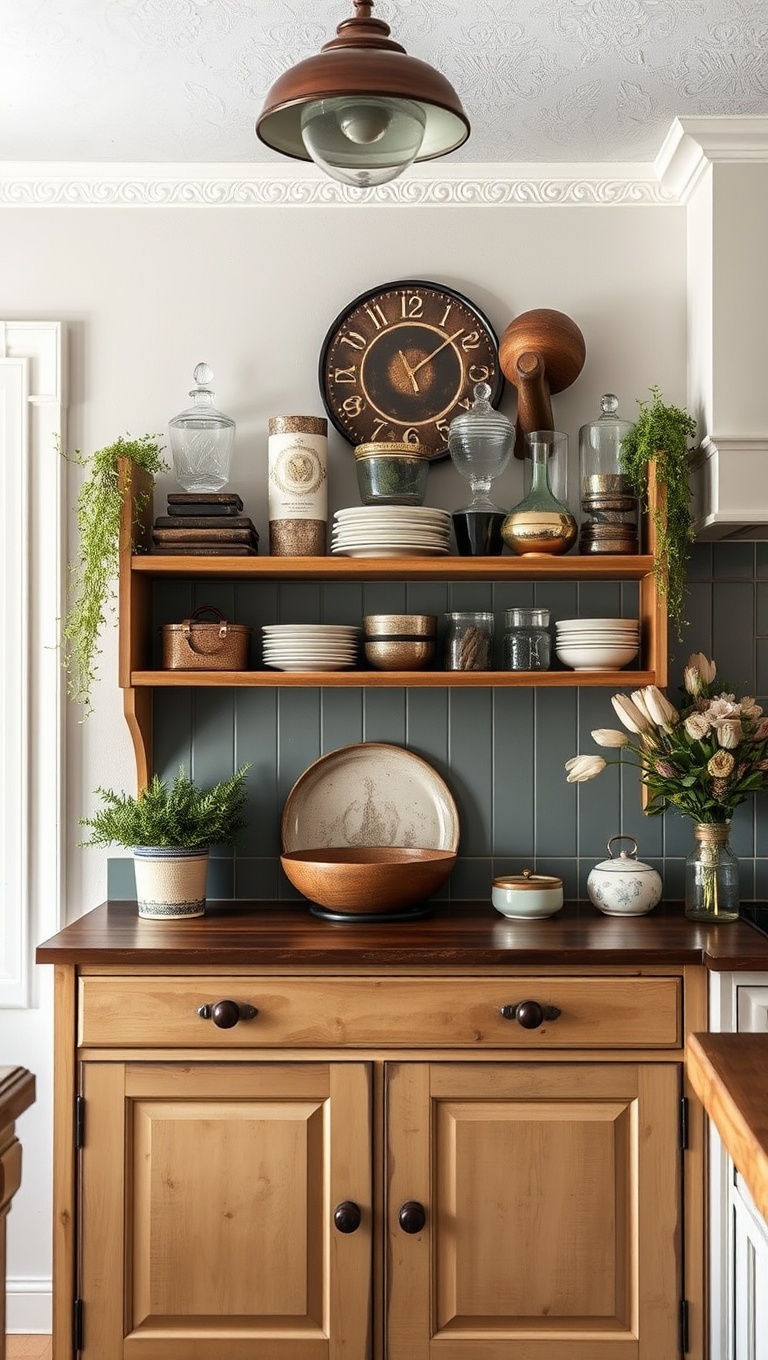 20 Charming Ways to Style Your Kitchen with an Antique Sideboard - 3. Open Shelving Magic: Displaying Vintage Finds Above